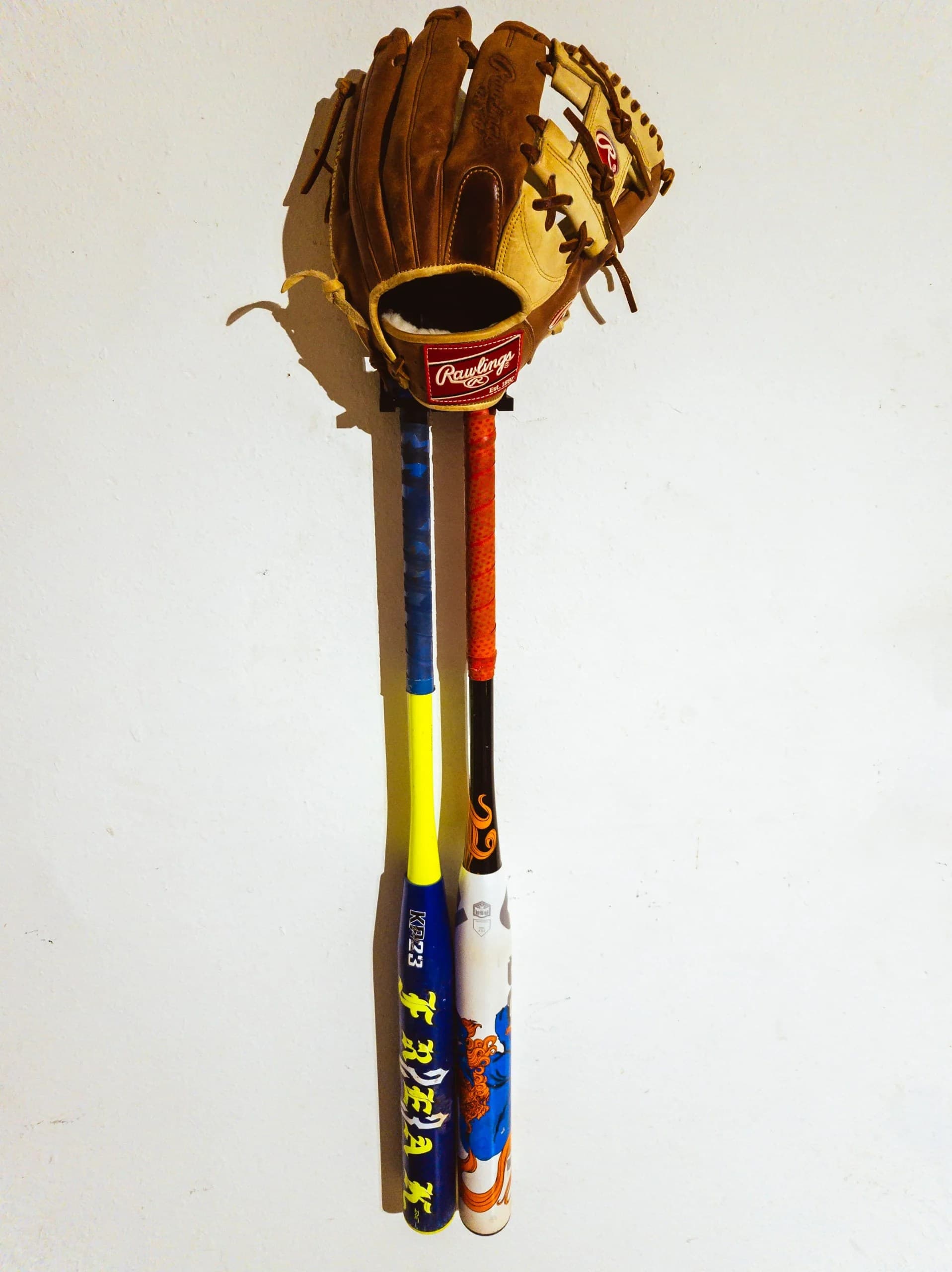 Wall-Mounted Baseball/Softball Glove and 2 Bat Holder